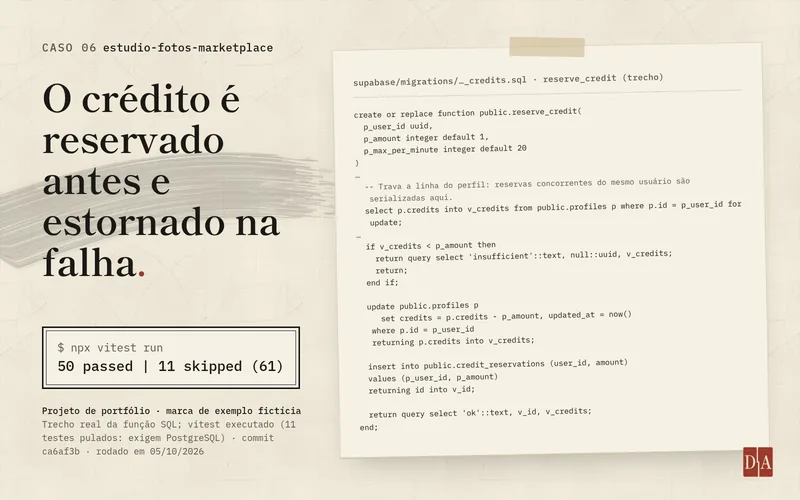 Capa do caso estudio-fotos-marketplace: trecho real da função SQL reserve_credit, que trava a linha do perfil com for update, recusa quando não há crédito e só então debita e registra a reserva. Ao lado, a execução do vitest com 50 testes aprovados e 11 pulados por exigirem PostgreSQL.