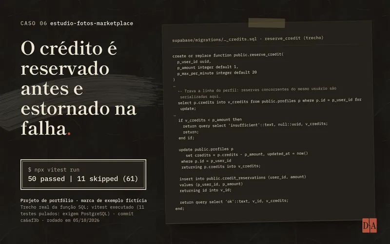 Capa do caso estudio-fotos-marketplace: trecho real da função SQL reserve_credit, que trava a linha do perfil com for update, recusa quando não há crédito e só então debita e registra a reserva. Ao lado, a execução do vitest com 50 testes aprovados e 11 pulados por exigirem PostgreSQL.